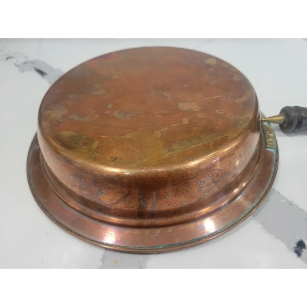 VINTAGE COPPER TIN Lined WOOD Handle COOKING Pan With‎ Brass 9 1/2 Inch Diameter